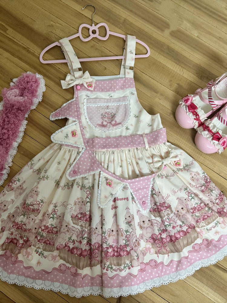 Pink Blueberry Tart Party sweet Lolita JSK with bunny print and lace trim
