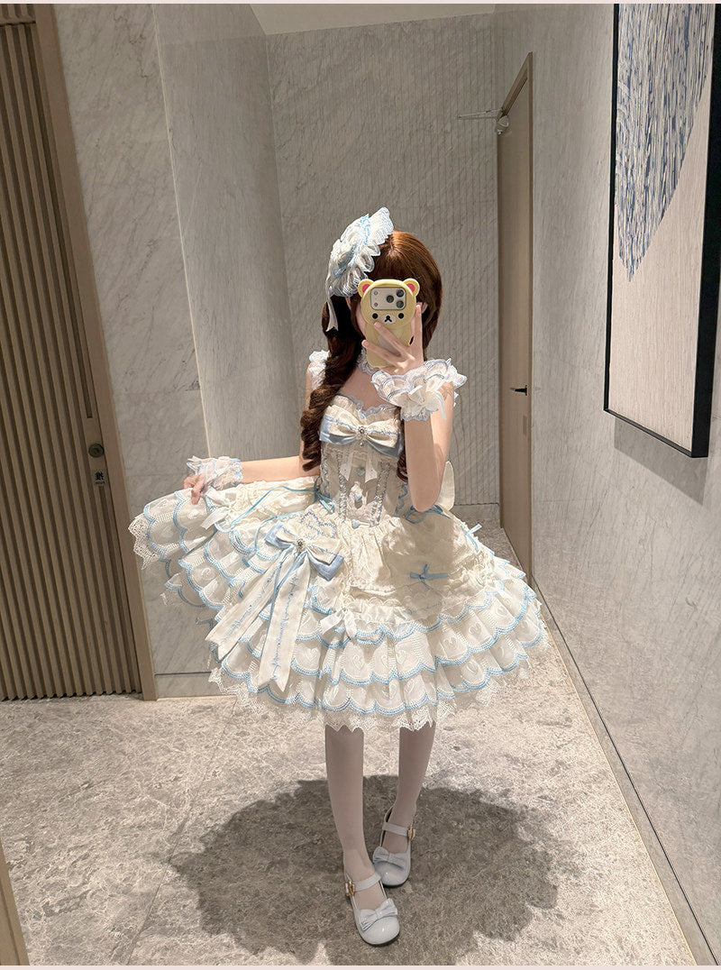 Creamy - Balletcore Sweet Lolita - Blue and white JSK with bow