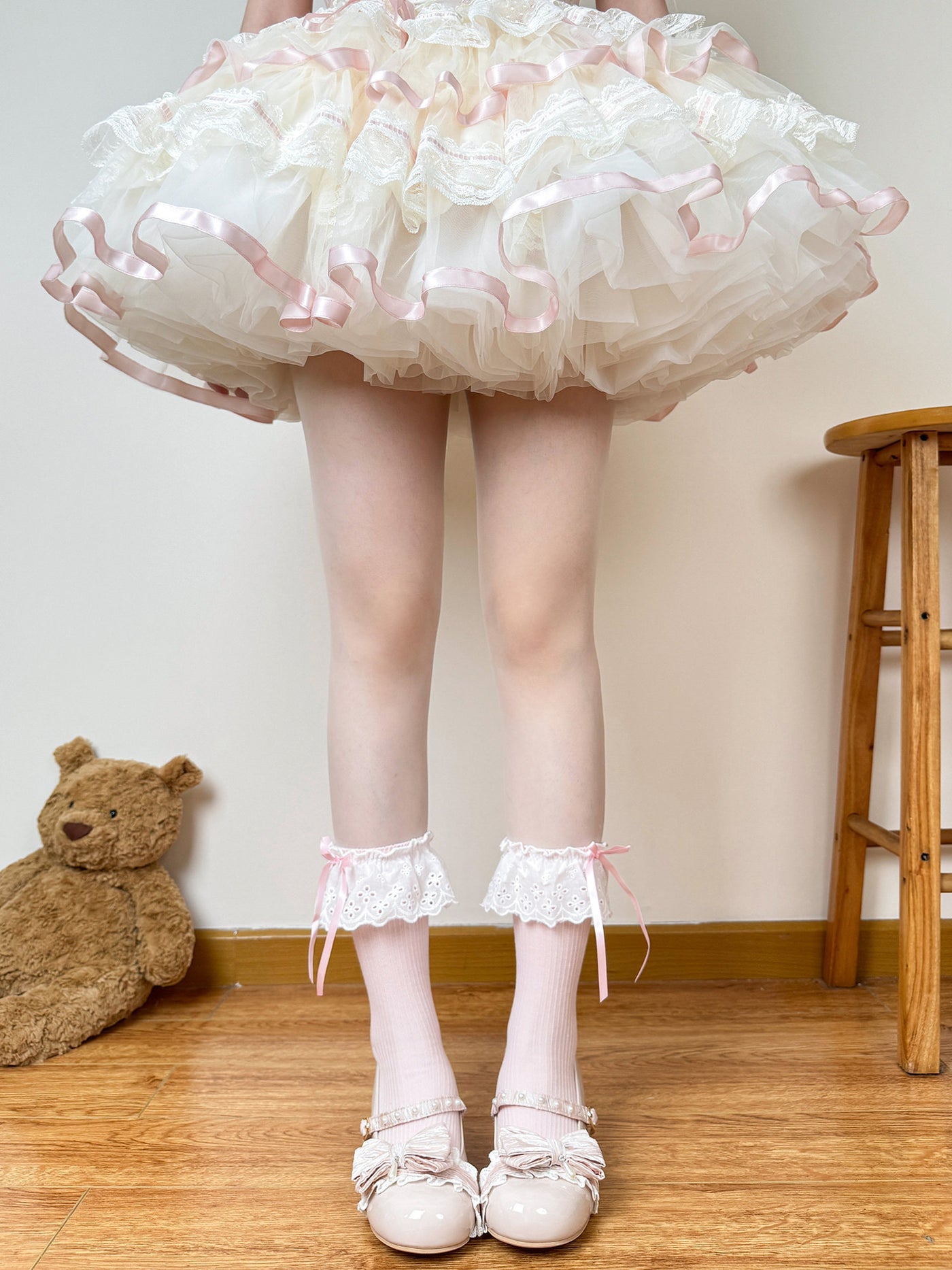 White mid-calf Lolita sock with white bow and lace trim