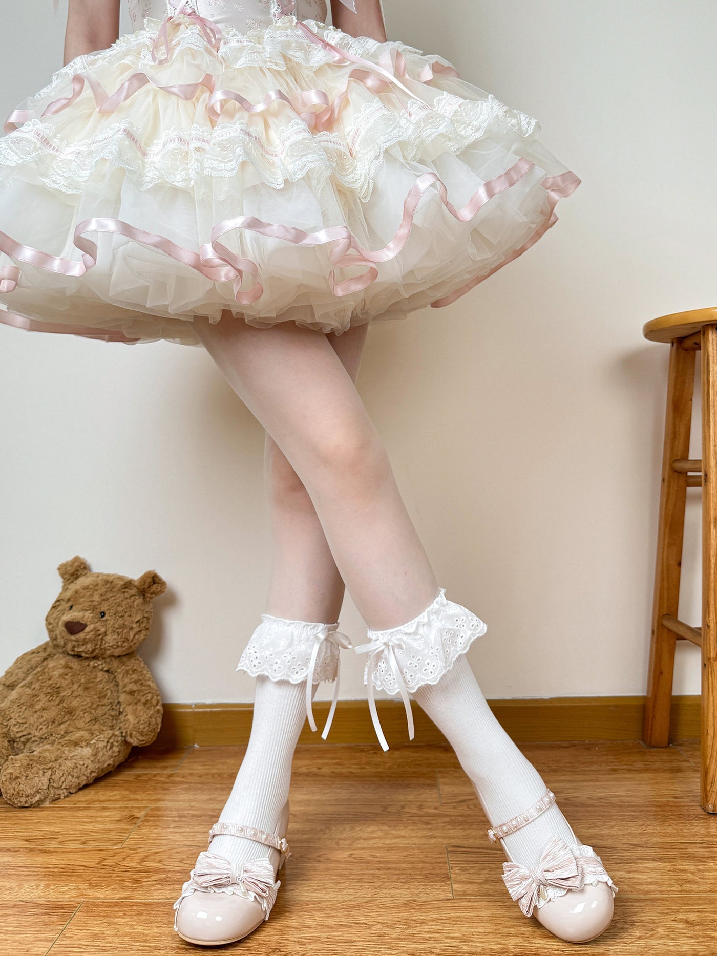 Pink mid-calf Lolita sock with pink bow and lace trim