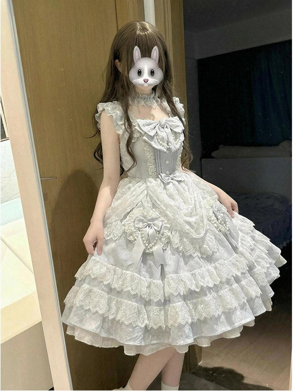 Detail view of sweet lolita dress mock choker and scalloped cap sleeves