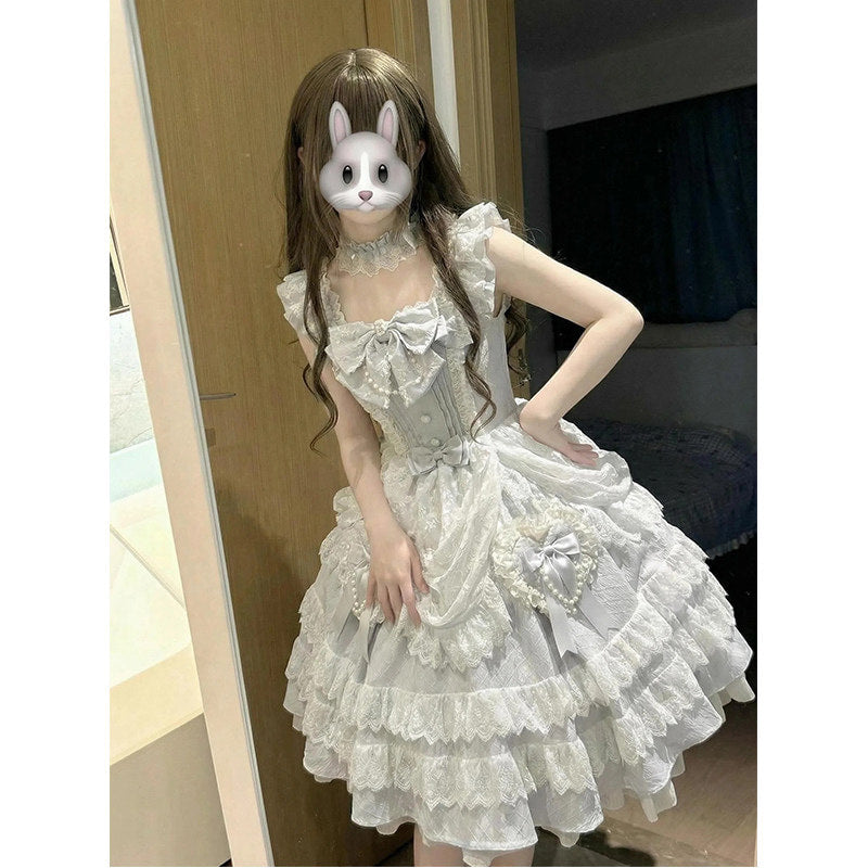 Creamy - Sweet Lolita Tiered Lace Dress - Pale blue one-piece sweet