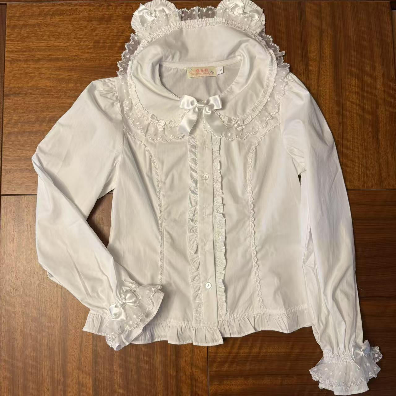 Neutral sweet lolita bear ear long-sleeve blouse with lace trim and peplum hem