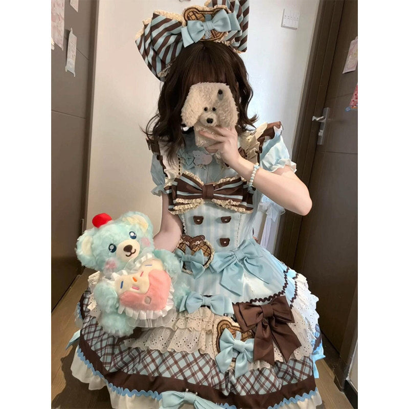 Creamy - Sweet Lolita Cookie Bear OP - Light blue and brown sweet