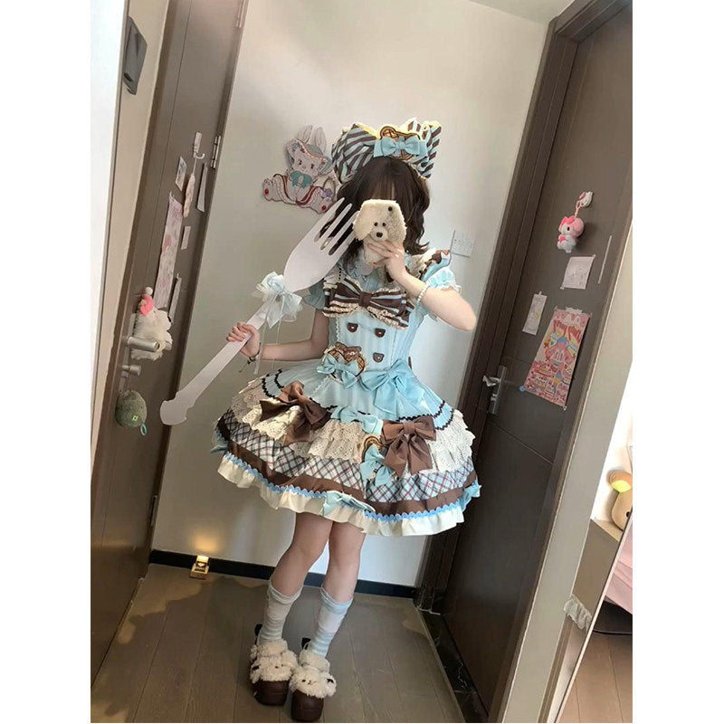 Creamy - Sweet Lolita Cookie Bear OP - Light blue and brown sweet