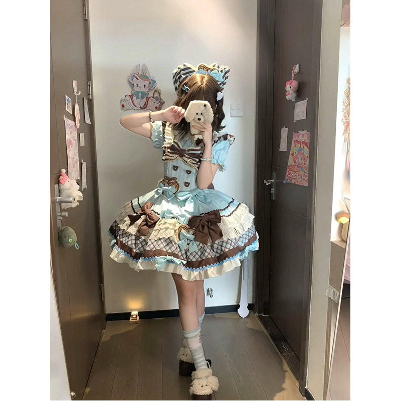 Creamy - Sweet Lolita Cookie Bear OP - Light blue and brown sweet