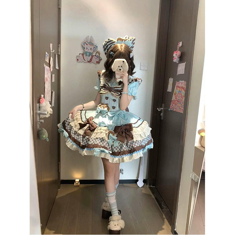 Creamy - Sweet Lolita Cookie Bear OP - Light blue and brown sweet