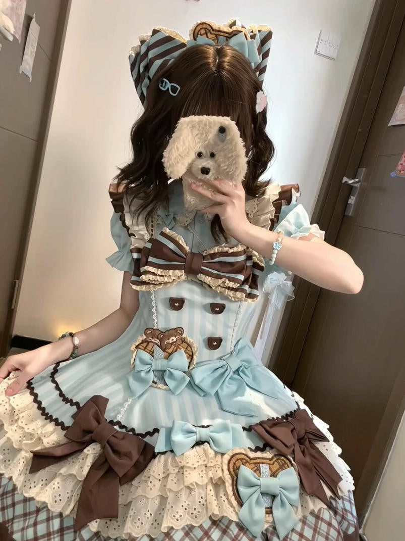 Creamy - Sweet Lolita Cookie Bear OP - Light blue and brown sweet