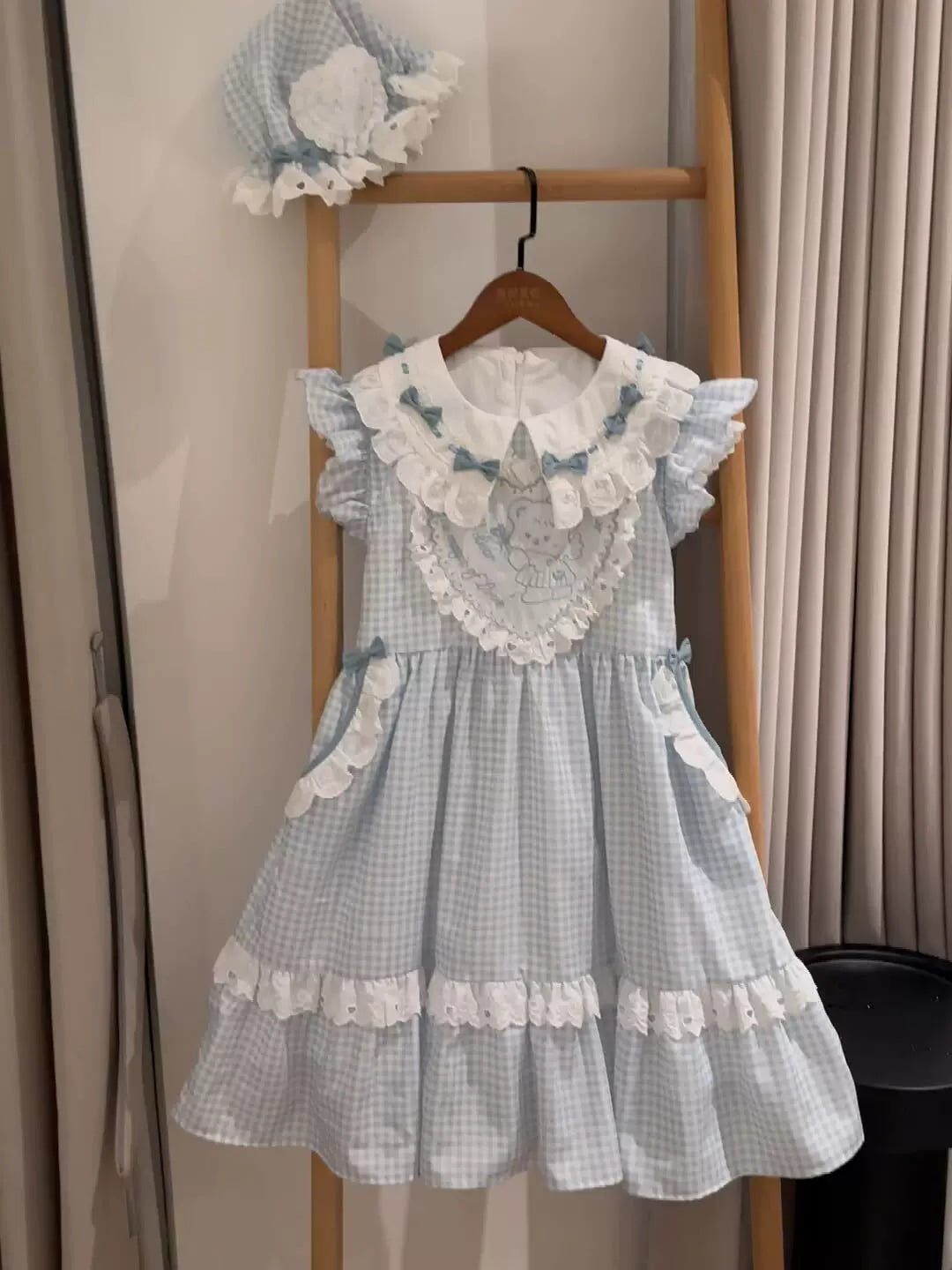Creamy - Blue Gingham - Flutter-Sleeve OP Dress