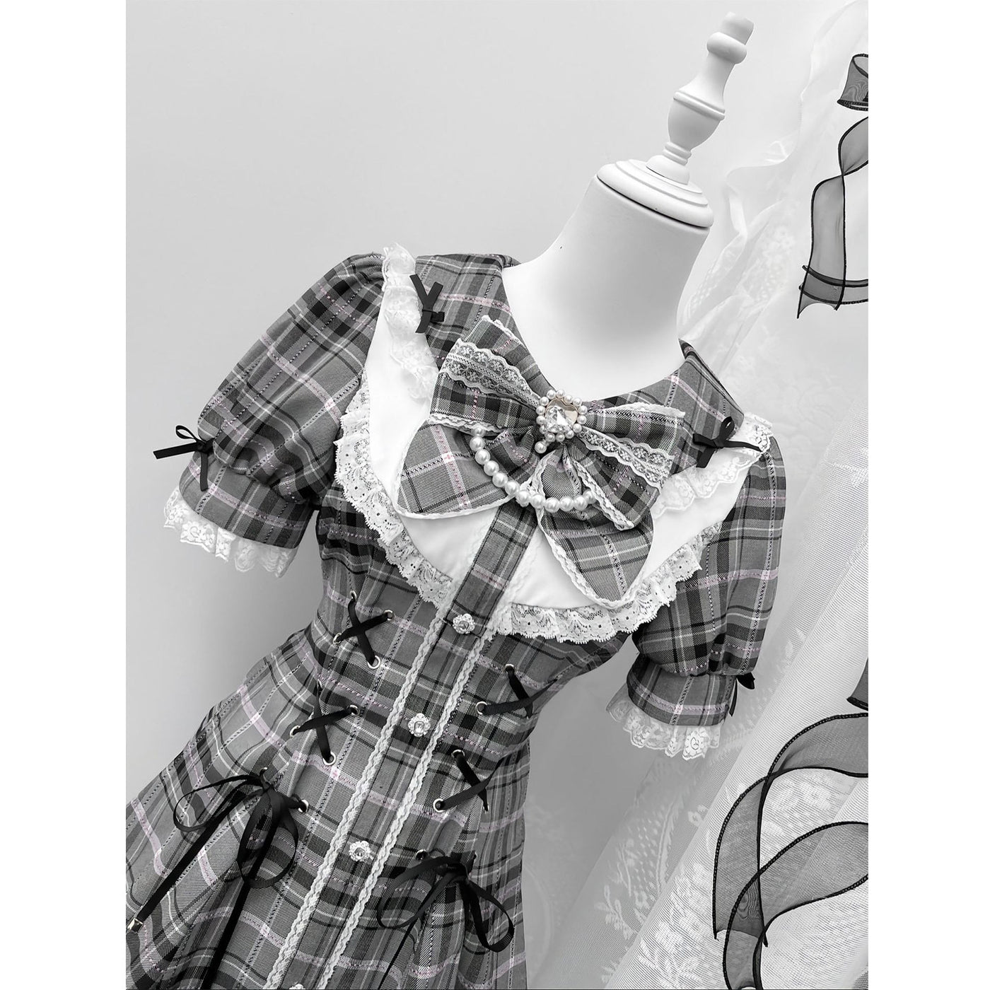 Creamy - Grey Plaid Dress Set - Lace and Ribbon Detail