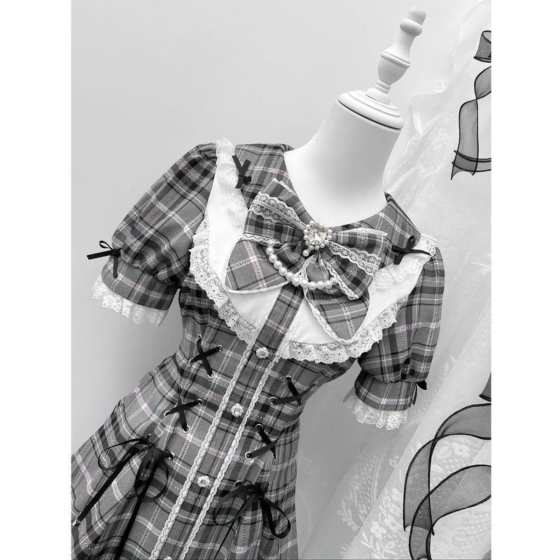 Creamy - Grey Plaid Dress Set - Lace and Ribbon Detail