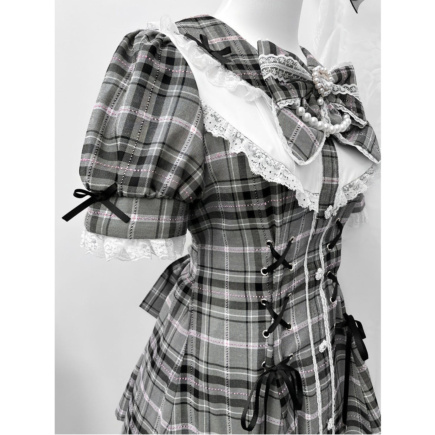 Creamy - Grey Plaid Dress Set - Lace and Ribbon Detail