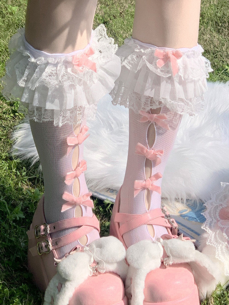 Black silk velvet bow Lolita mid-calf sock with lace trim and cutout bow details