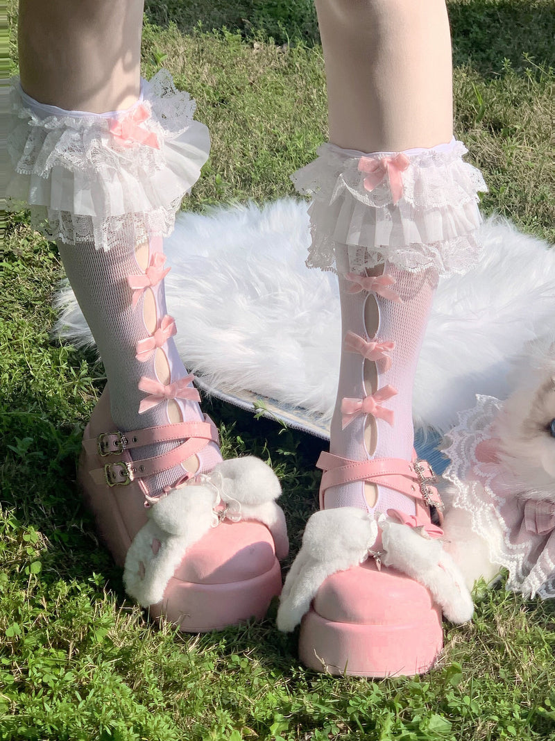 Fantasy Doll - Sweet Lolita - Bow accent cutout lace trim mid-calf socks