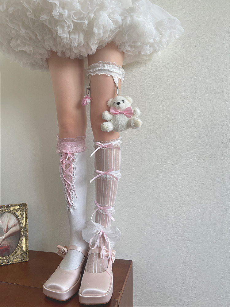 White-pink Y2K Lolita strawberry bear clip leg ring accessory for sock styling