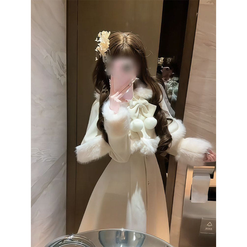 Longline lolita coat with high neckline bow and flared A-line skirt
