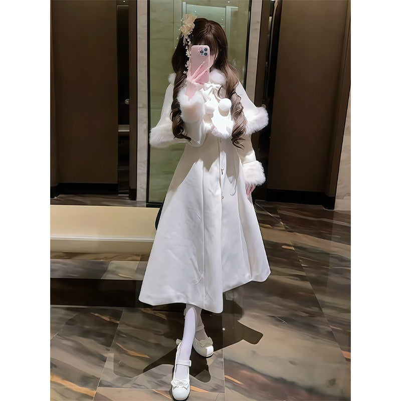 Creamy - Winter Bow-Accent Cloak Coat - Sweet lolita longline wool