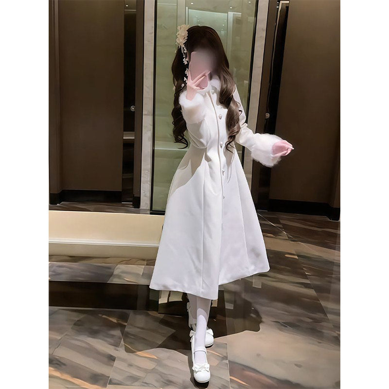 Creamy - Winter Bow-Accent Cloak Coat - Sweet lolita longline wool