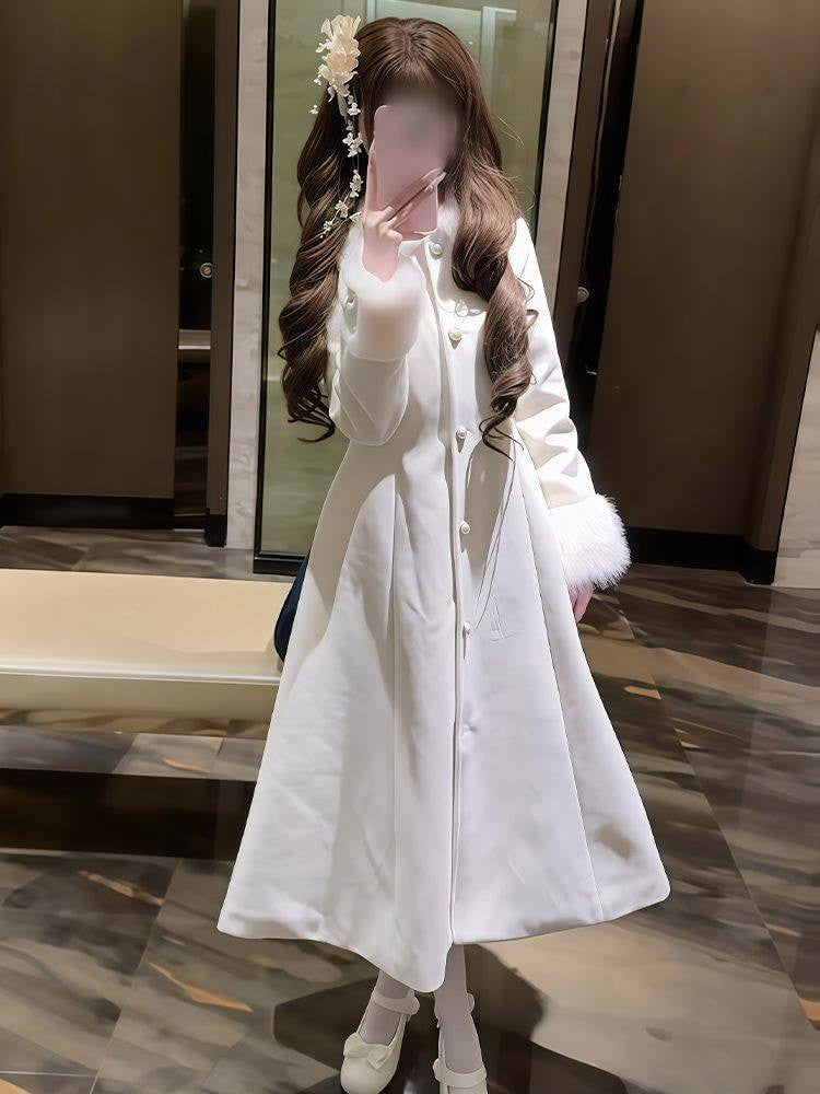 Creamy - Winter Bow-Accent Cloak Coat - Sweet lolita longline wool