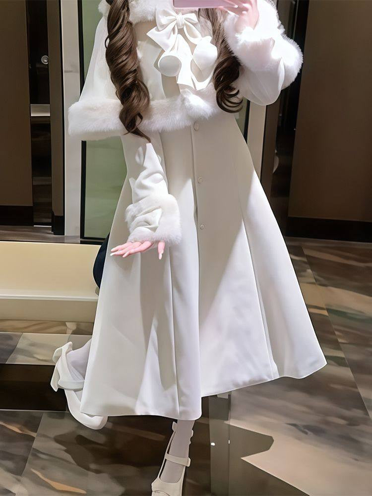 Creamy - Winter Bow-Accent Cloak Coat - Sweet lolita longline wool
