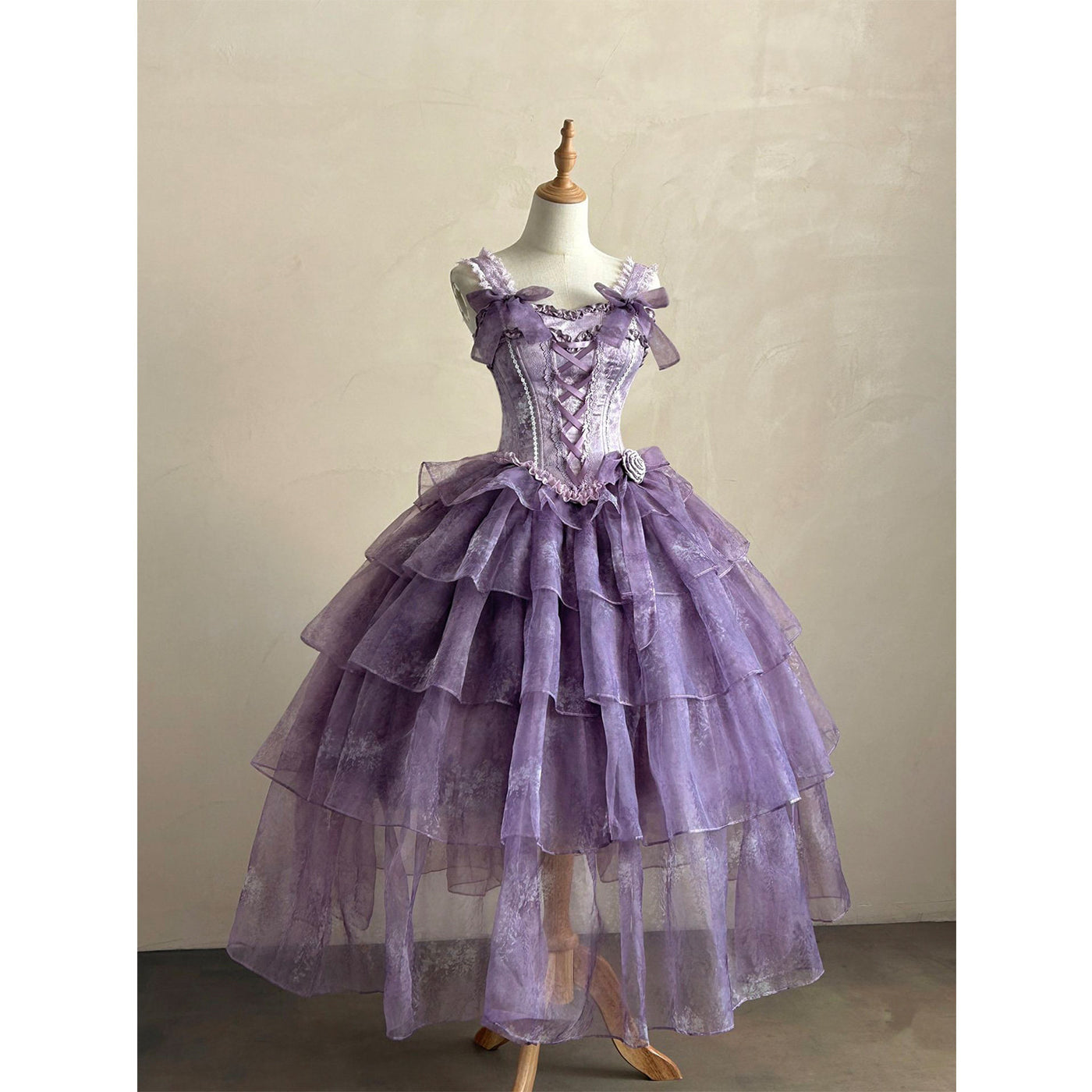 Front view of purple long length wisteria bridal sweet lolita dress