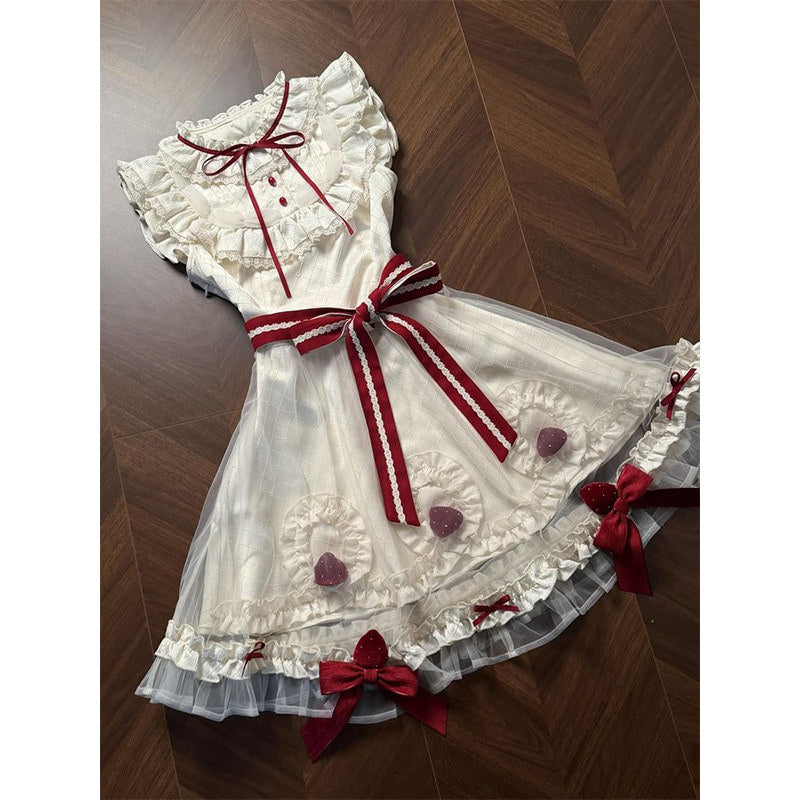 Waist sash with wide burgundy and cream striped ribbon and large bow on Sweet Lolita one-piece dress
