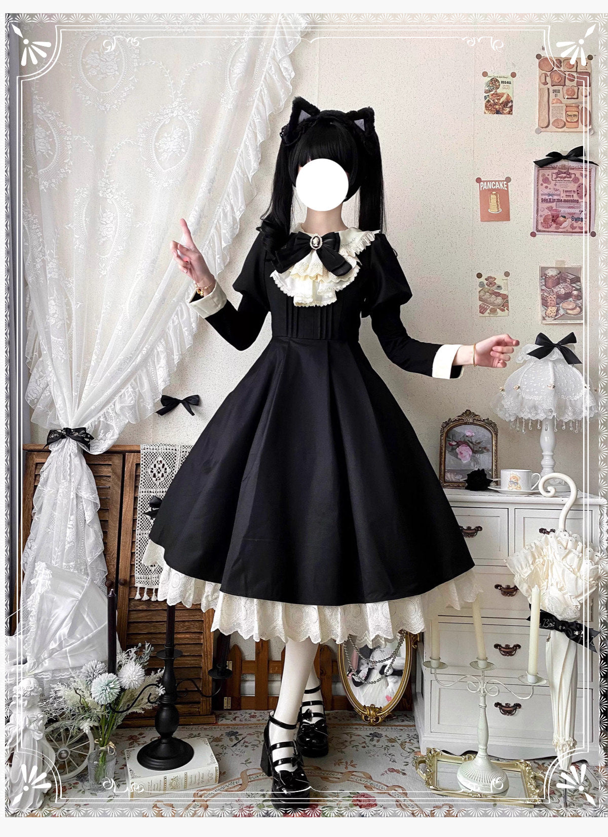 Qianmu Original - Classical Maid Gothic Lolita - One-piece midi dress full set