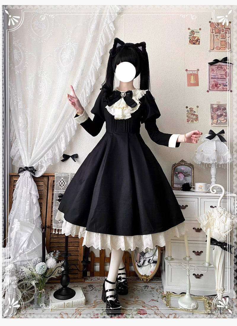 Qianmu Original - Classical Maid Gothic Lolita - One-piece midi dress full set