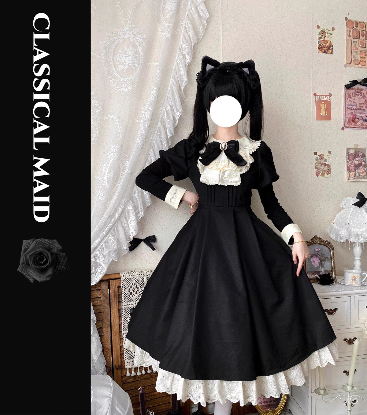 Qianmu Original - Classical Maid Gothic Lolita - One-piece midi dress full set