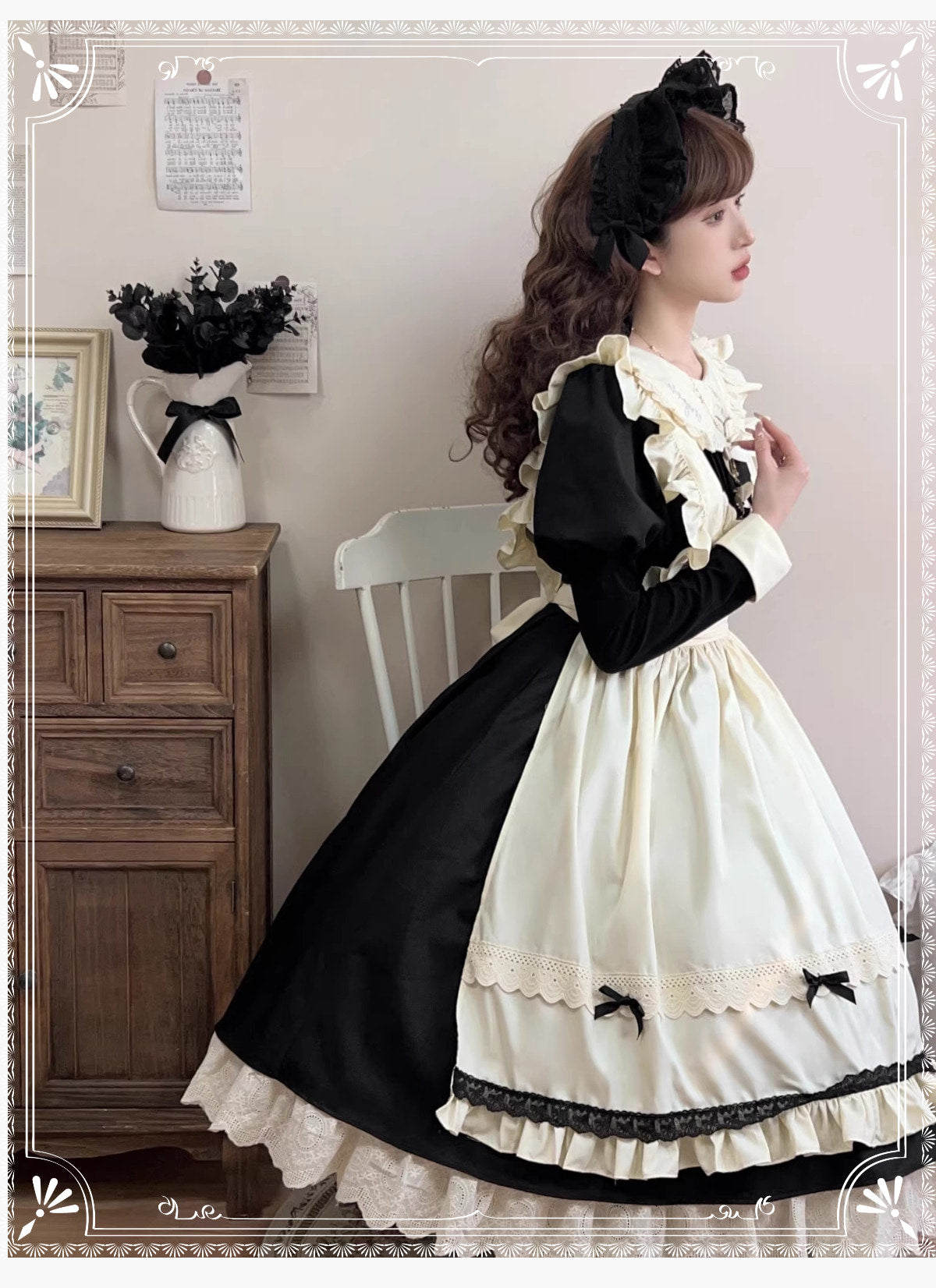 Qianmu Original - Classical Maid Gothic Lolita - One-piece midi dress full set