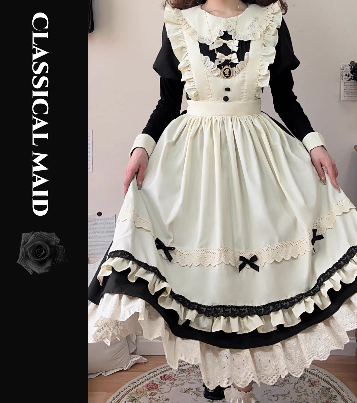 Qianmu Original - Classical Maid Gothic Lolita - One-piece midi dress full set