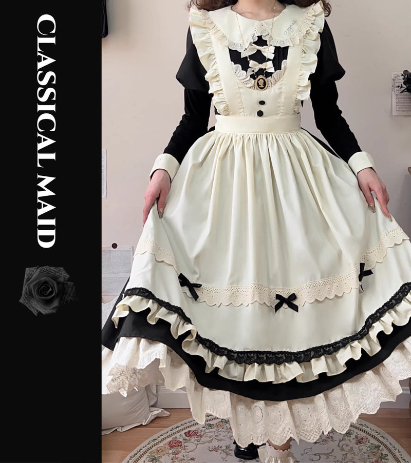Qianmu Original - Classical Maid Gothic Lolita - One-piece midi dress full set