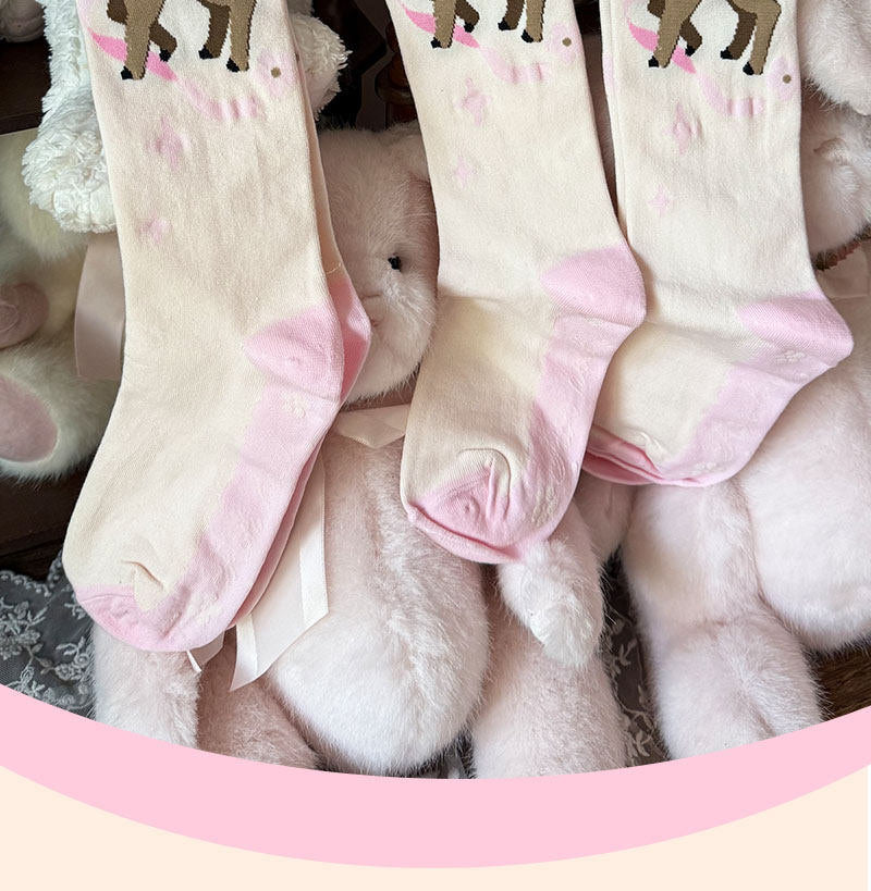 Milky Star Qiaoqiao - Bow Fawn Mid-Calf Socks - Mid-calf lolita socks with cartoon