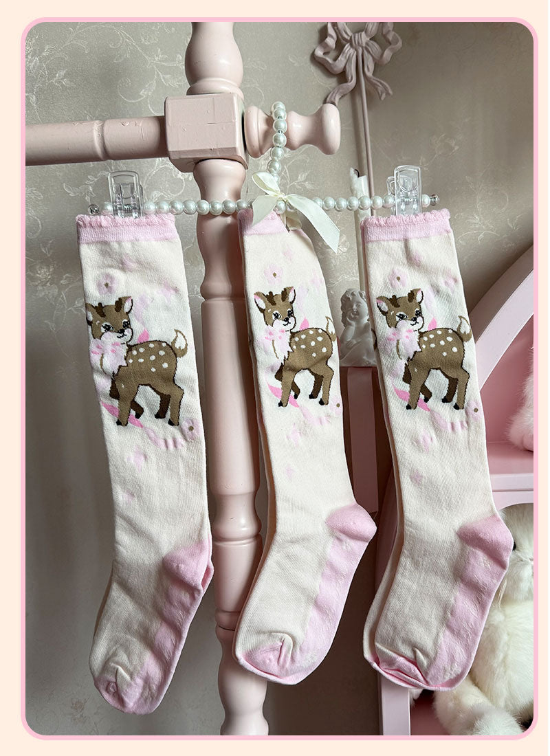 Milky Star Qiaoqiao - Bow Fawn Mid-Calf Socks - Mid-calf lolita socks with cartoon