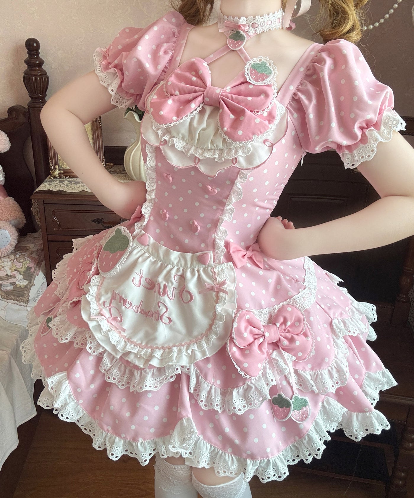 Xian Diandian - Strawberry Polka Dot Lolita - Red base OP/JSK lolita dress