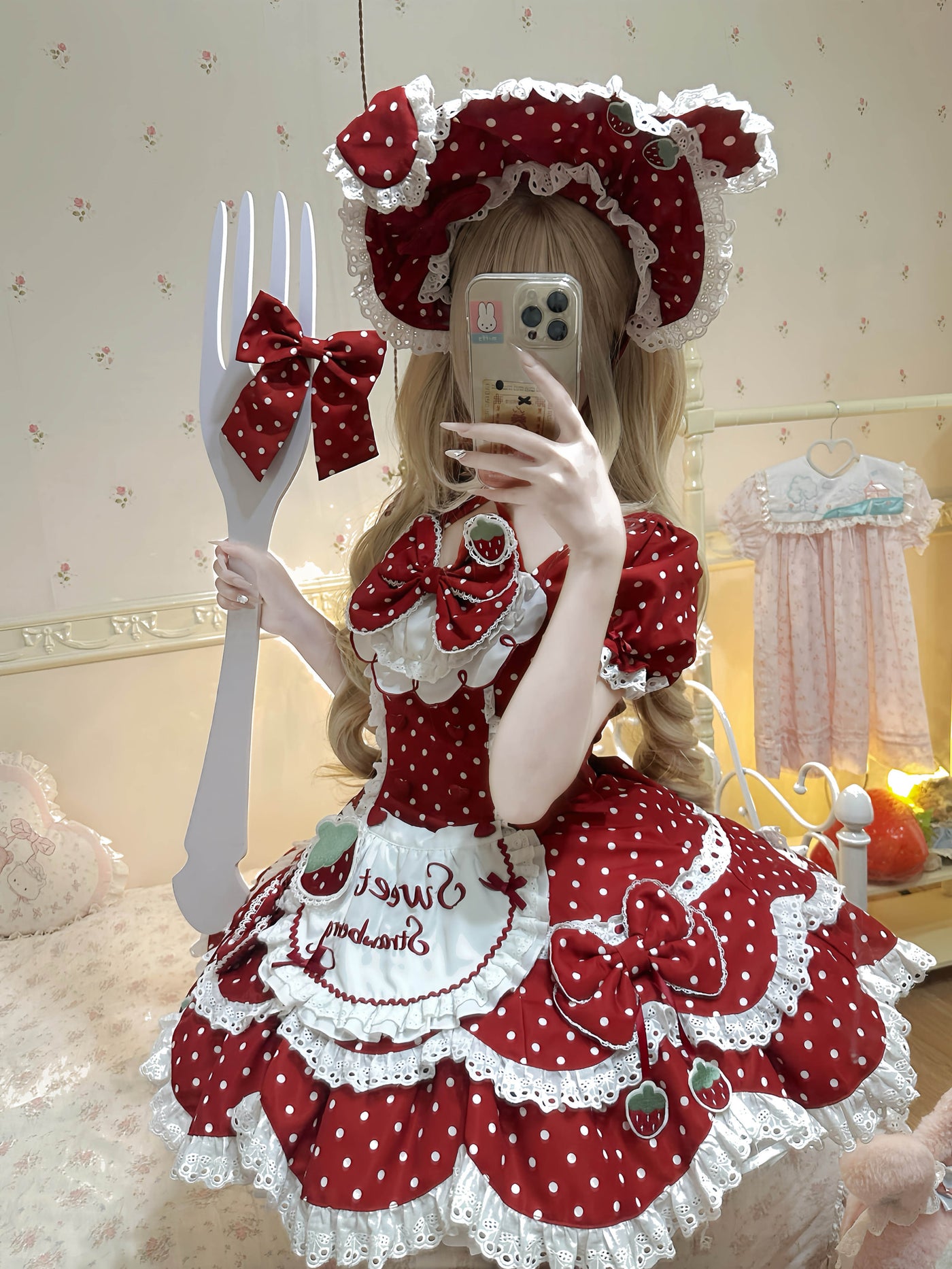 Xian Diandian - Strawberry Polka Dot Lolita - Red base OP/JSK lolita dress