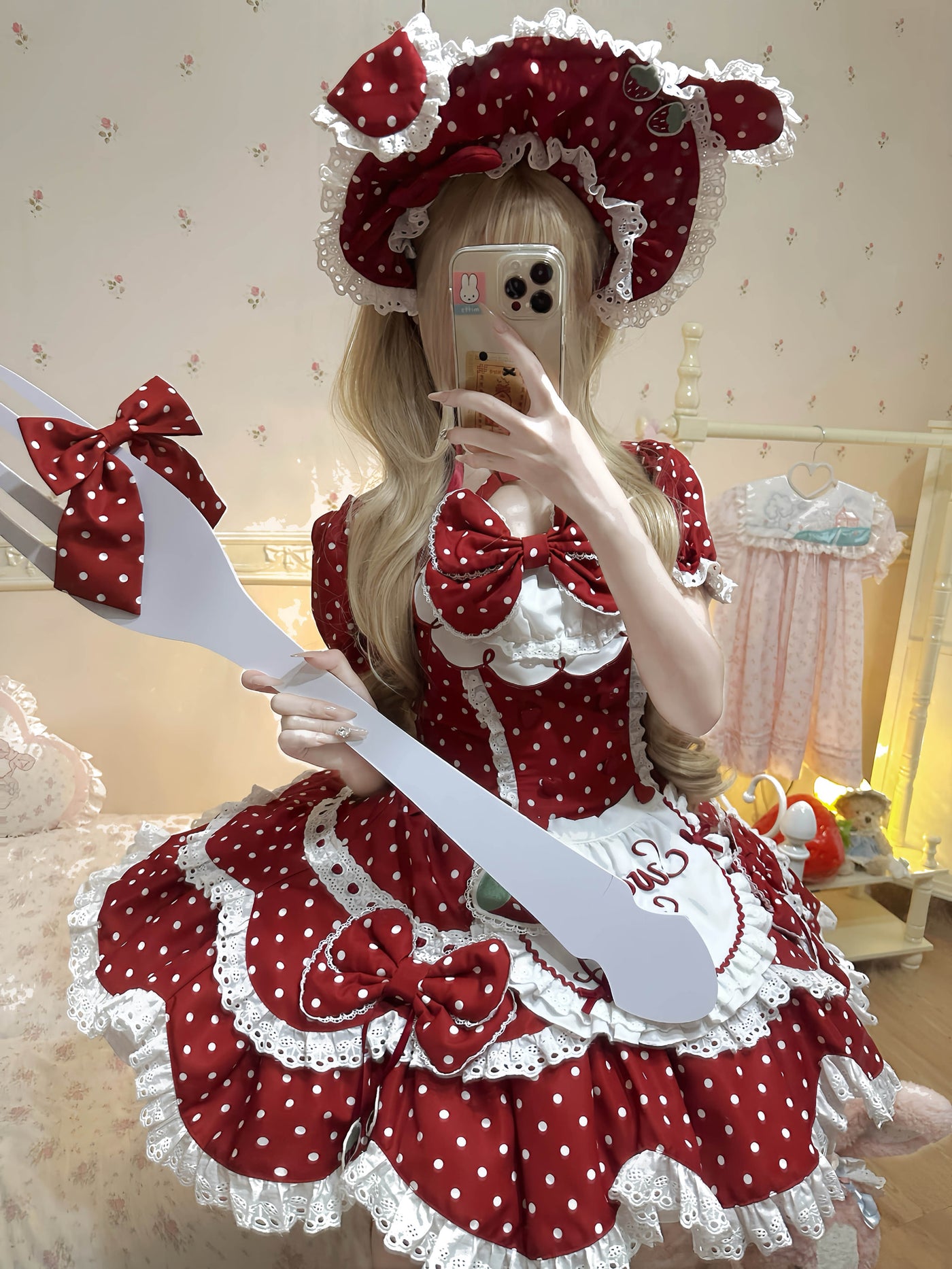 Xian Diandian - Strawberry Polka Dot Lolita - Red base OP/JSK lolita dress