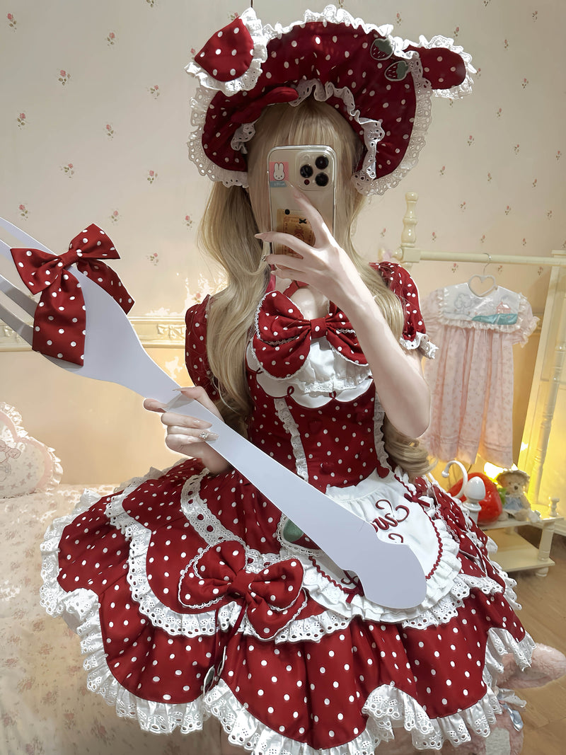 Xian Diandian - Strawberry Polka Dot Lolita - Red base OP/JSK lolita dress