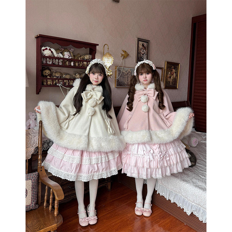 Lolita winter cape shawl with bow detail, available in pink and white