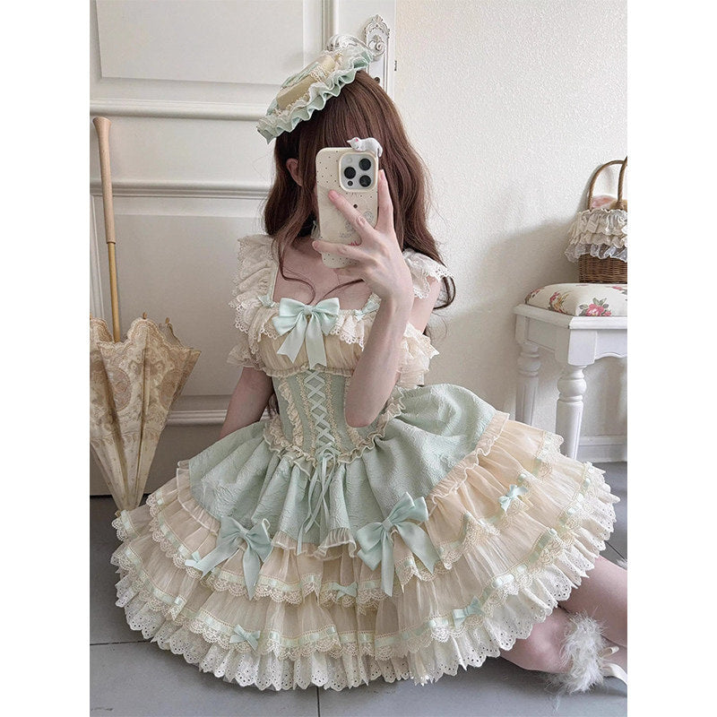 Creamy - Green Ballet Dress - Tiered JSK with Hat and Choker