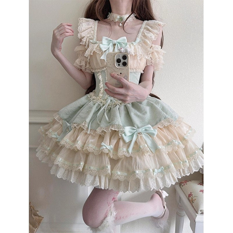 Creamy - Green Ballet Dress - Tiered JSK with Hat and Choker
