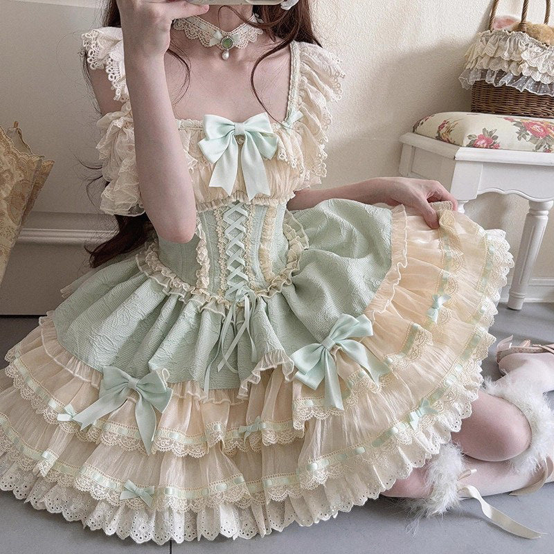 Creamy - Green Ballet Dress - Tiered JSK with Hat and Choker
