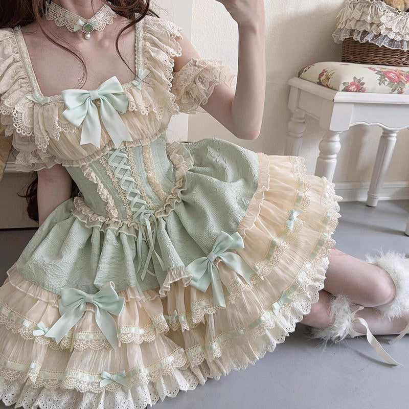 Creamy - Green Ballet Dress - Tiered JSK with Hat and Choker
