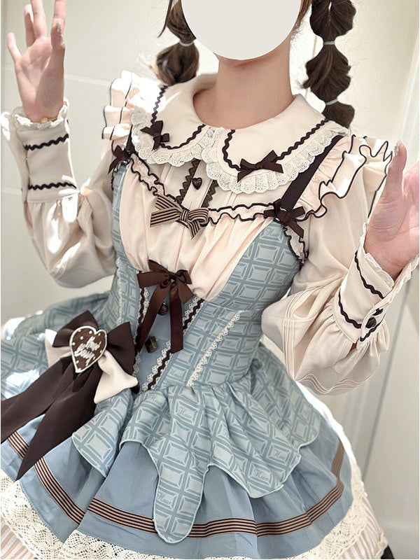 Quilted light blue overskirt with tiered layers and brown ribbon trim
