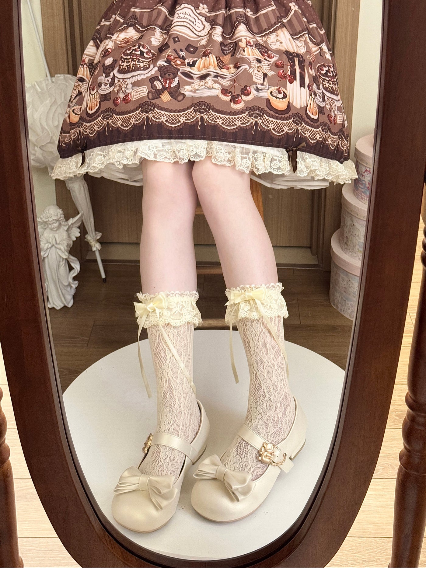 Fantasy Doll - Sweet Lolita - Yellow bow lace mid-calf socks, two jacquard
