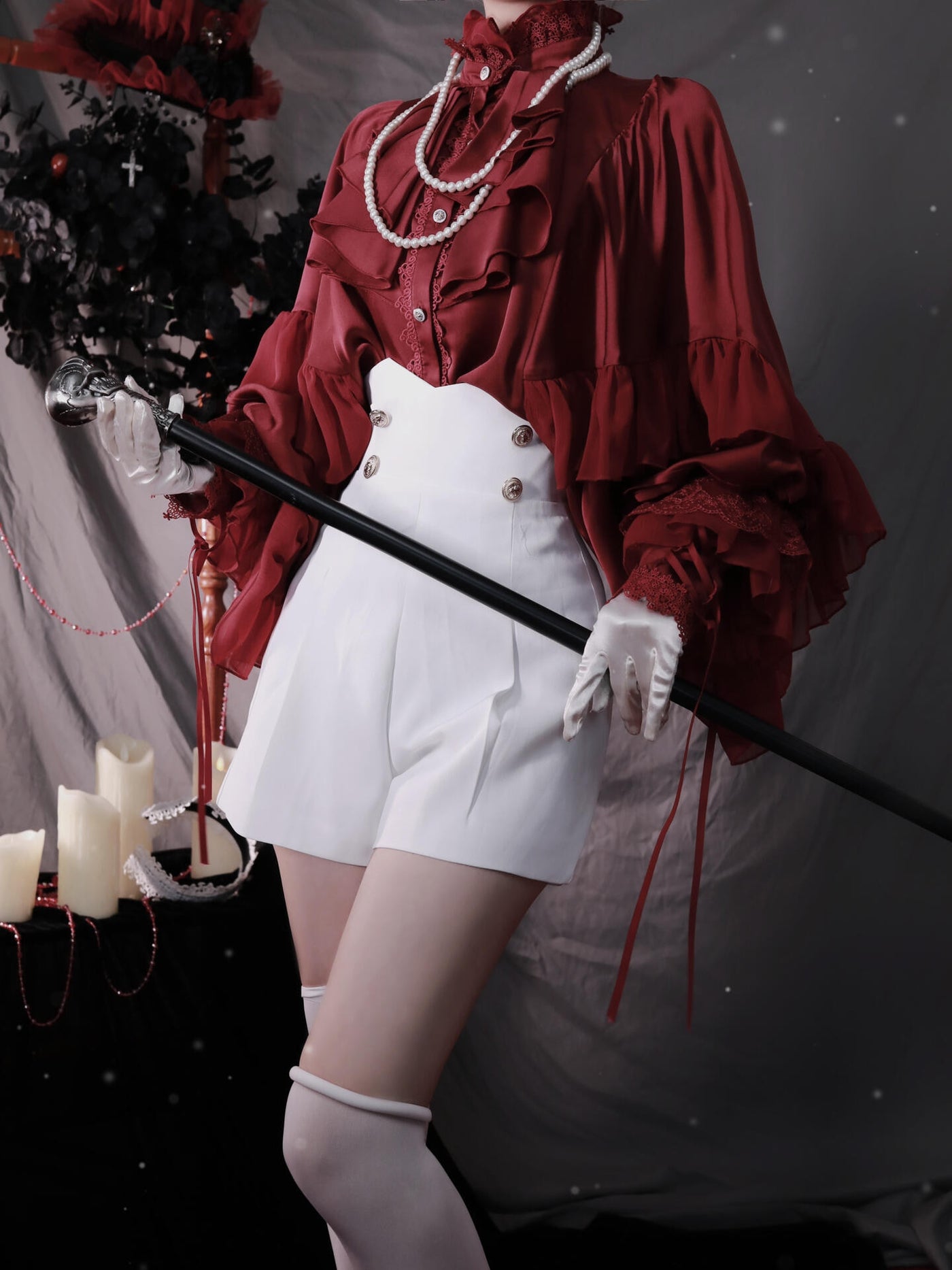 Creamy - Gothic Lolita - Red bat-sleeve blouse with ruffled lace