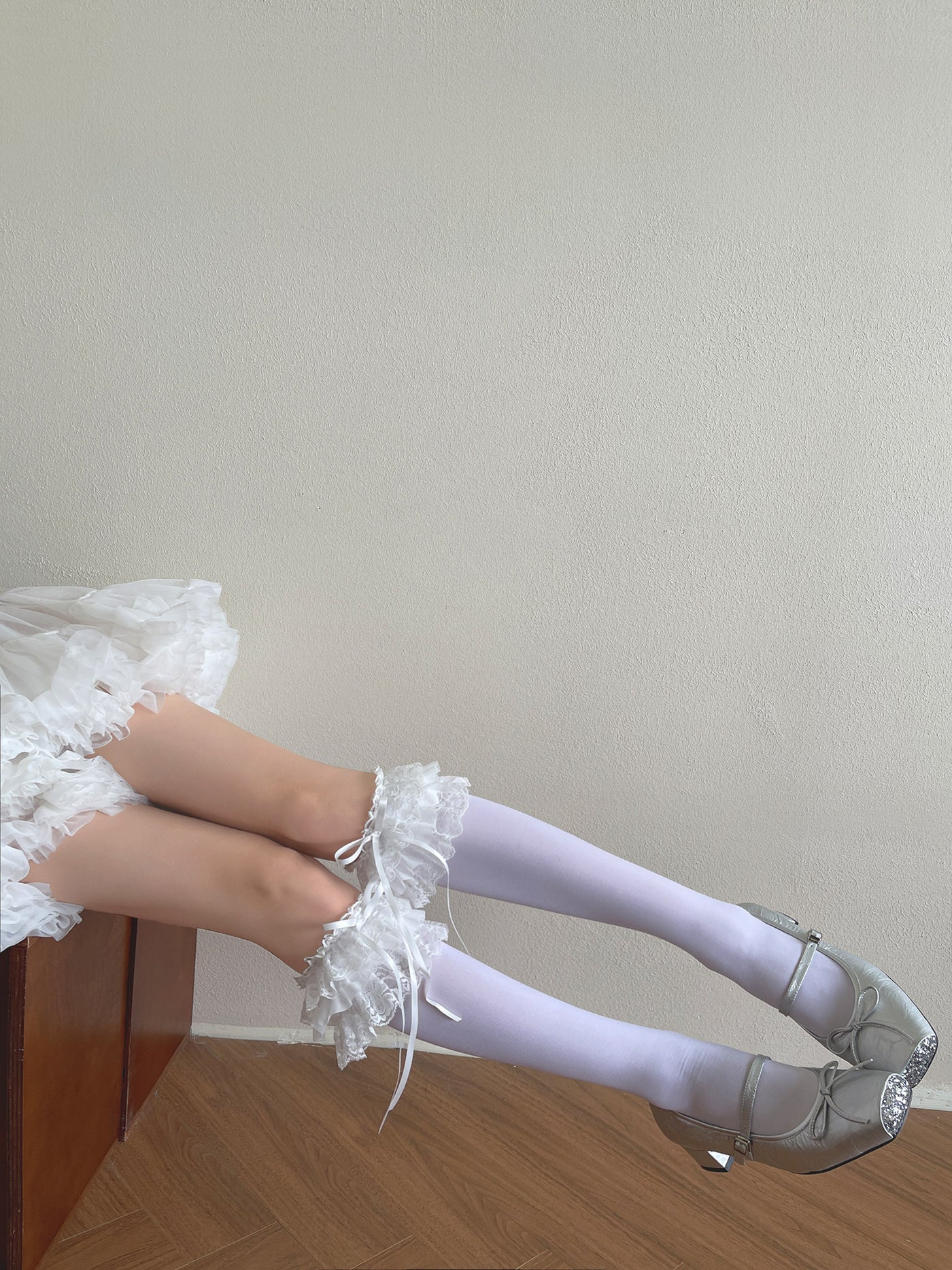 Apricot mid-calf Sweet Lolita sock with scalloped lace edging