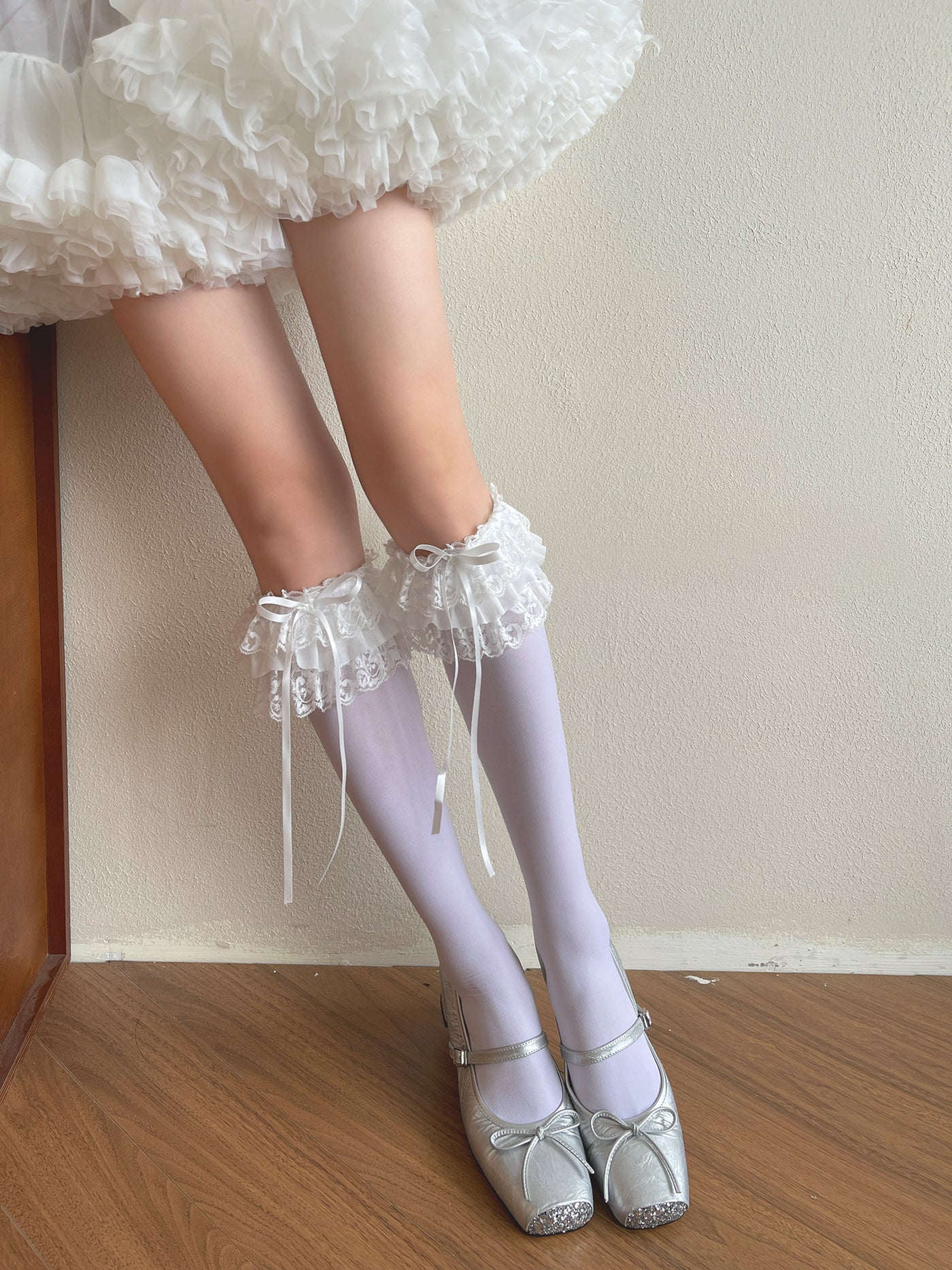 Creamy - Lace ruffle bow velvet mid-calf - Socks