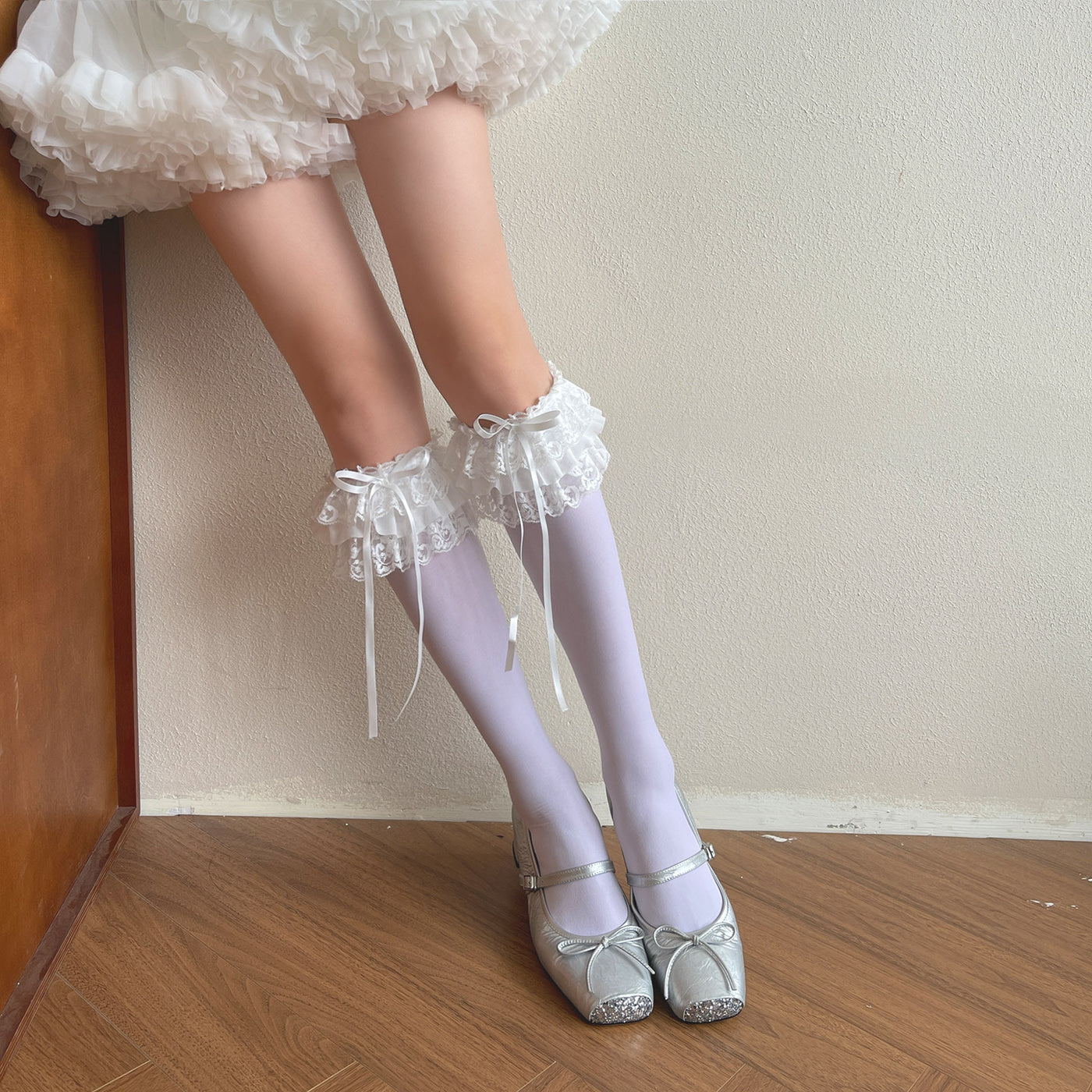 Creamy - Lace ruffle bow velvet mid-calf - Socks