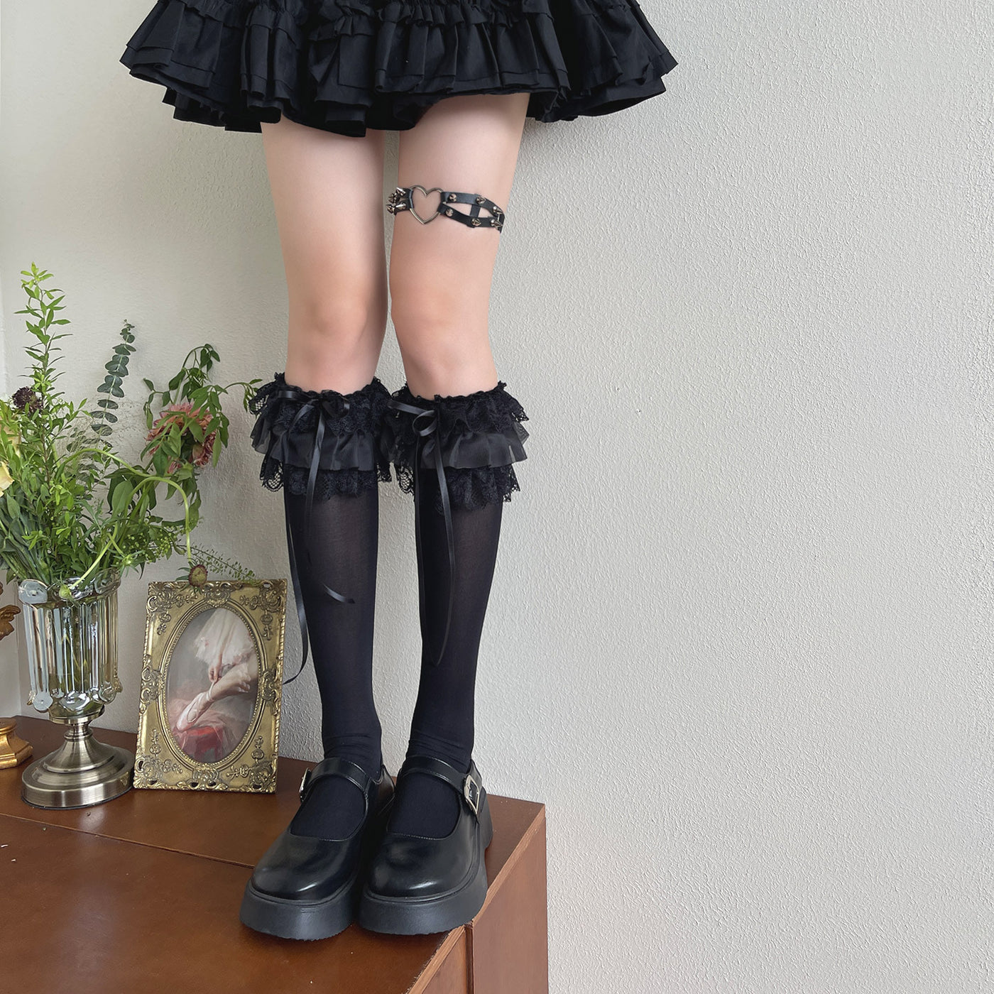 Creamy - Lace ruffle bow velvet mid-calf - Socks